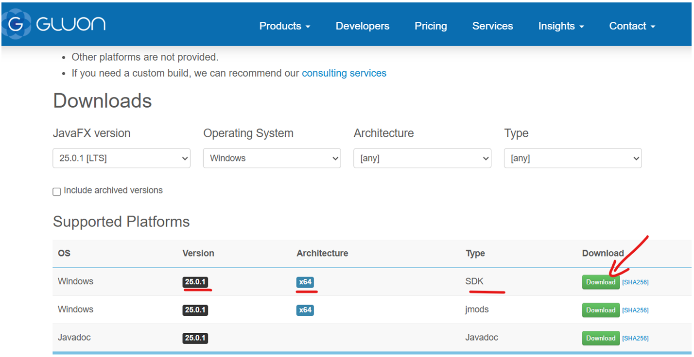 Page de téléchargement JavaFX SDK sur le site Gluon